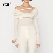 VGH Solid σέξι πουλόβερ για γυναίκες με λεπτή λαιμόκοψη μακρυμάνικο κομμένο λεπτό πουλόβερ πλεξίματος Γυναικεία κορεατικά ρούχα στυλ 2022