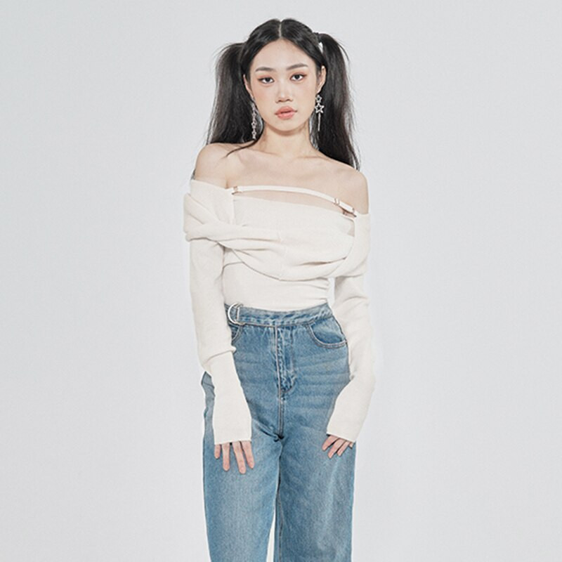 VGH Solid σέξι πουλόβερ για γυναίκες με λεπτή λαιμόκοψη μακρυμάνικο κομμένο λεπτό πουλόβερ πλεξίματος Γυναικεία κορεατικά ρούχα στυλ 2022