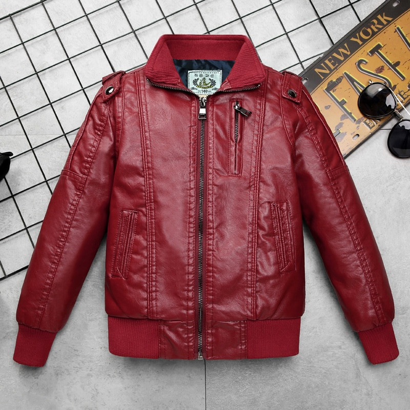 Zēnu ādas jakas Bērnu Plus samta polsterēts rāvējslēdzējs Mēteļi lieli Zēnu jaka melns vīna sarkans Ārdrēbes Bērnu Modes Jakas