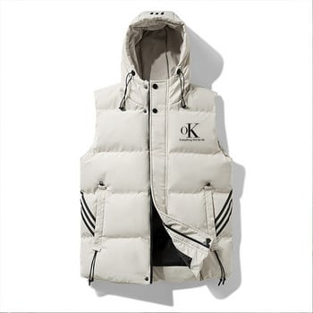 Мъжко палто с щампа с букви OK Топло ветроустойчиво яке без ръкави с цип Мъжко зимно външно облекло Мъжки спортен ежедневен жилетка