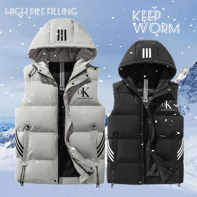 Vīriešu OK ar burtiem apdrukāta veste mētelis silts vēja necaurlaidīgs bez piedurknēm rāvējslēdzēja jaka Vīriešu ziemas āra apģērbs Vīriešu sporta ikdienas veste