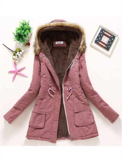 Női téli dzseki 2022 Új divat Gyapjú vastag szőrme kapucnis Parkas kabát Rózsaszín 17 szín S-3XL Öv Vékony, meleg párnázott ruha