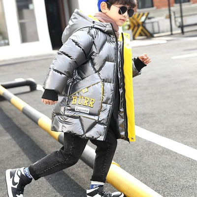 Zēnu ziemas parka polsterēta jaka bieza gara bērnu mētelis ar kapuci, gadījuma pusaudžu bērniem plus kašmira bērnu apģērbs