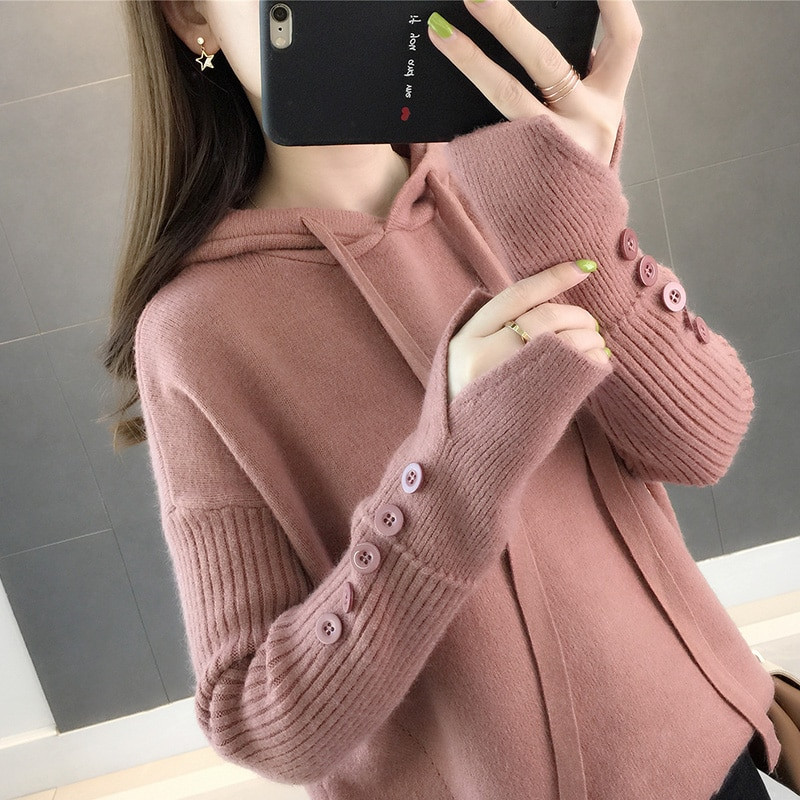 2021 m. naujas rudens žiemos žieminis moteriškas megztinis su gobtuvu Korėjietiškas laisvas megztinis Trikotažo vienspalvis laisvalaikis Moteriškas trumpas megztinis paltas