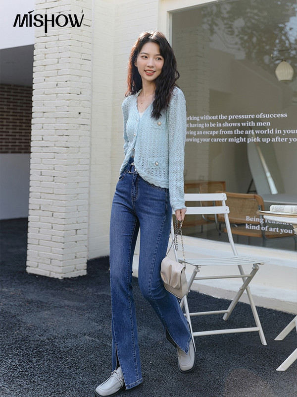 MISHOW Pavasara cietais jaciņš sievietēm, tievs, dobs, izliekts trikotāžas mētelis Sweet, maigs, vienrindas korejiešu džemperis MXB14Z0317