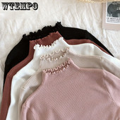 Φθινοπωρινά χειμωνιάτικα βολάν Πουλόβερ με ζιβάγκο με ρουστίκ γυναικεία πουλόβερ Υψηλή ελαστική συμπαγή γυναικεία λεπτή σέξι πλεκτά πουλόβερ Drop Shipping