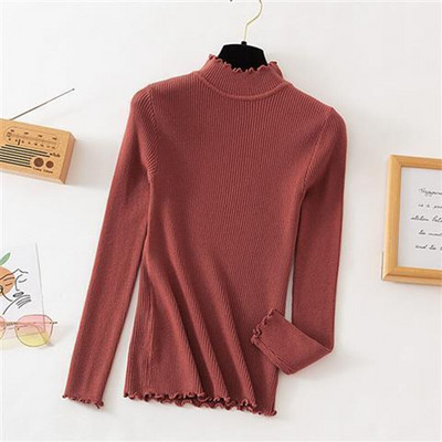 Φθινοπωρινά χειμωνιάτικα βολάν Πουλόβερ με ζιβάγκο με ρουστίκ γυναικεία πουλόβερ Υψηλή ελαστική συμπαγή γυναικεία λεπτή σέξι πλεκτά πουλόβερ Drop Shipping