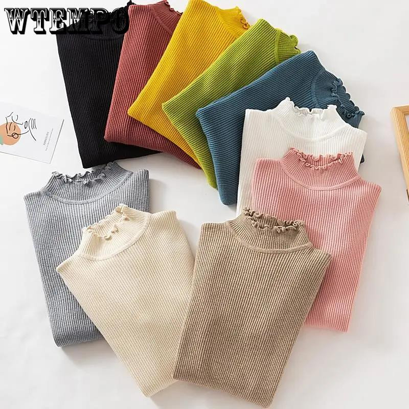 Φθινοπωρινά χειμωνιάτικα βολάν Πουλόβερ με ζιβάγκο με ρουστίκ γυναικεία πουλόβερ Υψηλή ελαστική συμπαγή γυναικεία λεπτή σέξι πλεκτά πουλόβερ Drop Shipping