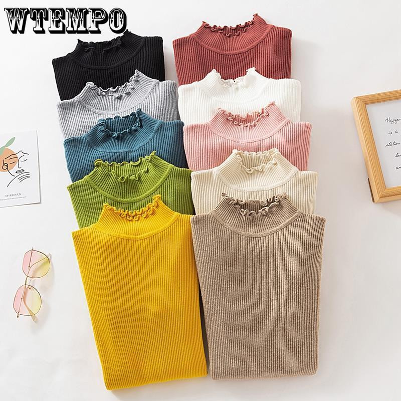 Φθινοπωρινά χειμωνιάτικα βολάν Πουλόβερ με ζιβάγκο με ρουστίκ γυναικεία πουλόβερ Υψηλή ελαστική συμπαγή γυναικεία λεπτή σέξι πλεκτά πουλόβερ Drop Shipping