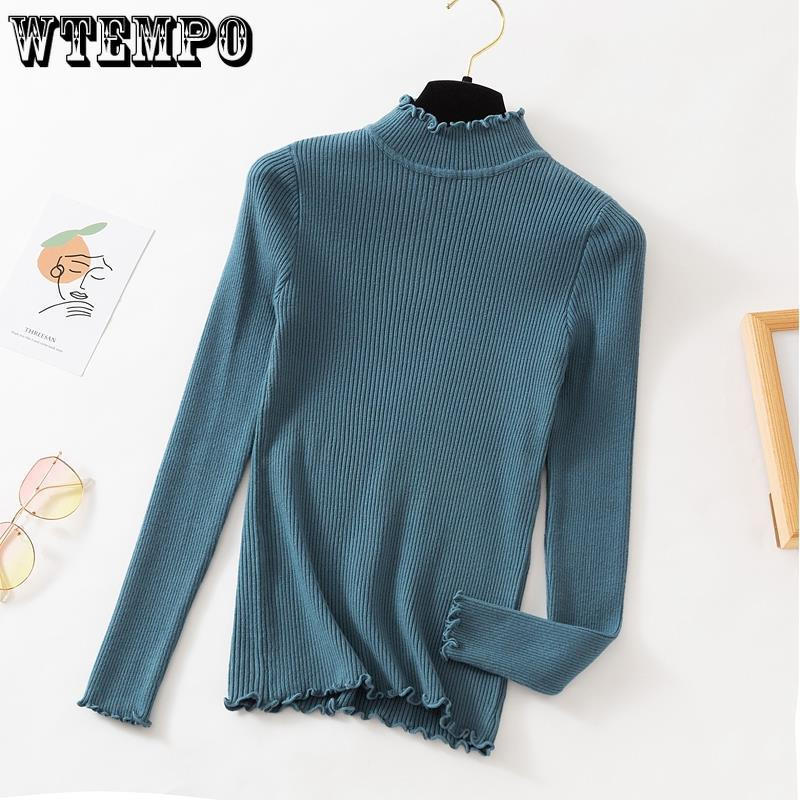 Φθινοπωρινά χειμωνιάτικα βολάν Πουλόβερ με ζιβάγκο με ρουστίκ γυναικεία πουλόβερ Υψηλή ελαστική συμπαγή γυναικεία λεπτή σέξι πλεκτά πουλόβερ Drop Shipping