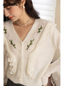 MISHOW Jesen 2022., ženski pleteni kardigani s francuskim v-izrezom i cvjetovima izvezenim naborima, jednoredno kopčanje od mohera MXB31Z0721