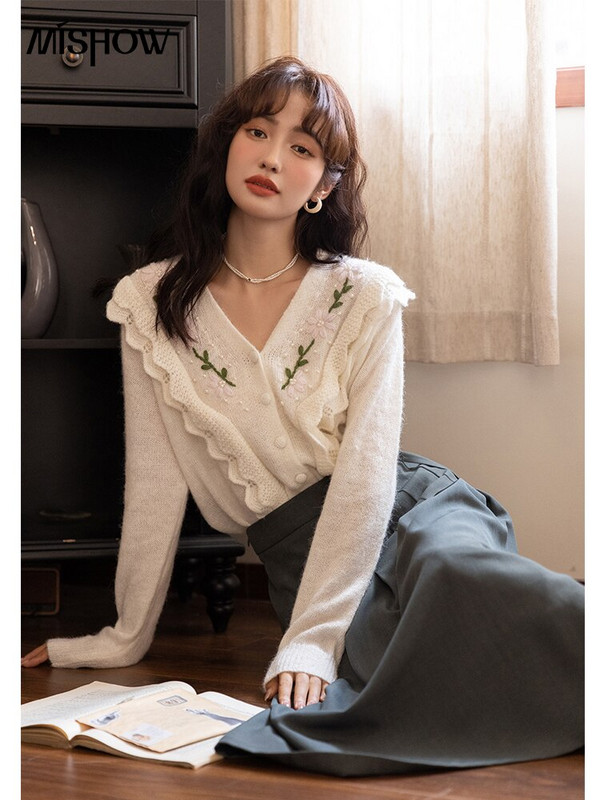 MISHOW Jesen 2022., ženski pleteni kardigani s francuskim v-izrezom i cvjetovima izvezenim naborima, jednoredno kopčanje od mohera MXB31Z0721