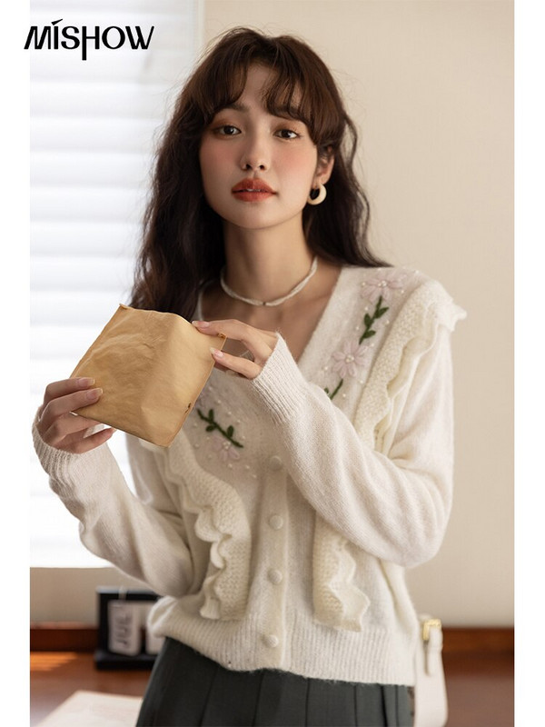 MISHOW Jesen 2022., ženski pleteni kardigani s francuskim v-izrezom i cvjetovima izvezenim naborima, jednoredno kopčanje od mohera MXB31Z0721