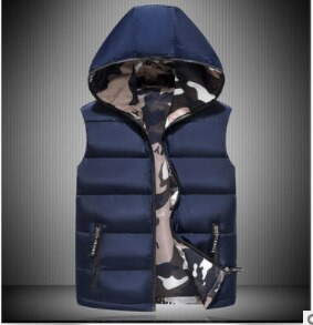 Ανδρικό γιλέκο με κουκούλα 2021 Φθινόπωρο, χειμερινό πουπουλένιο μπουφάν φορεμένο και στις δύο πλευρές φουσκωτό γιλέκο καμουφλάζ Αμάνικο γιλέκο