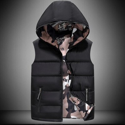 Ανδρικό γιλέκο με κουκούλα 2021 Φθινόπωρο, χειμερινό πουπουλένιο μπουφάν φορεμένο και στις δύο πλευρές φουσκωτό γιλέκο καμουφλάζ Αμάνικο γιλέκο
