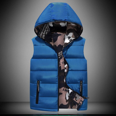 Ανδρικό γιλέκο με κουκούλα 2021 Φθινόπωρο, χειμερινό πουπουλένιο μπουφάν φορεμένο και στις δύο πλευρές φουσκωτό γιλέκο καμουφλάζ Αμάνικο γιλέκο