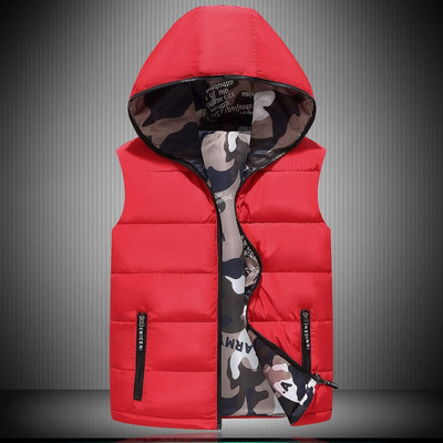 Ανδρικό γιλέκο με κουκούλα 2021 Φθινόπωρο, χειμερινό πουπουλένιο μπουφάν φορεμένο και στις δύο πλευρές φουσκωτό γιλέκο καμουφλάζ Αμάνικο γιλέκο