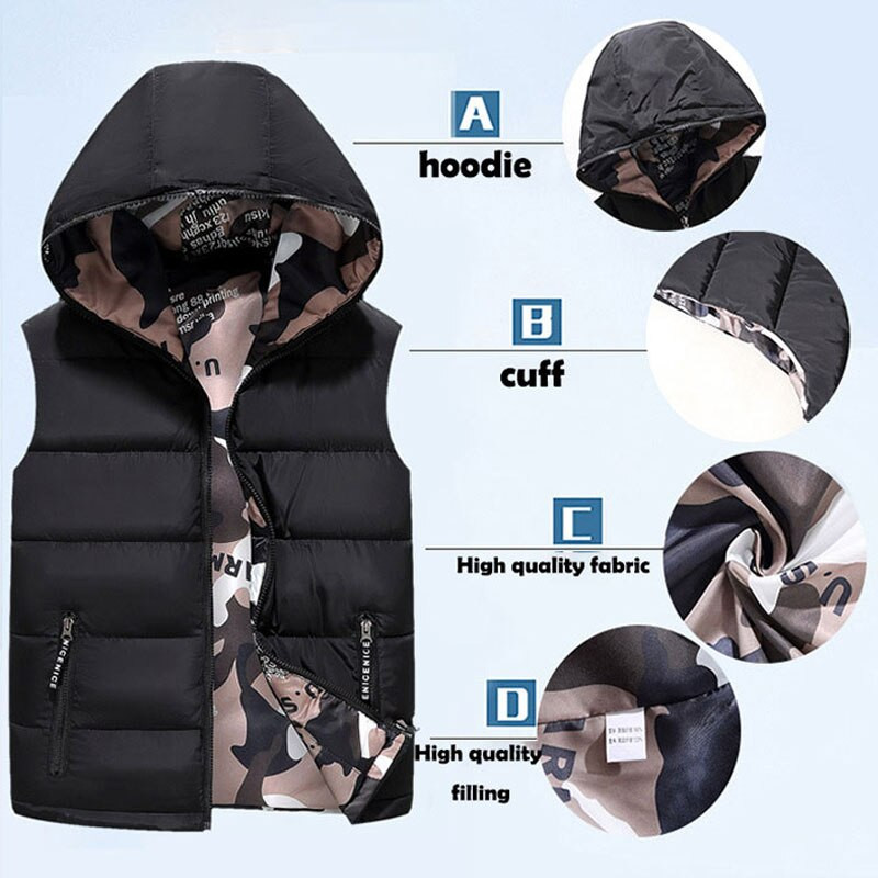 Ανδρικό γιλέκο με κουκούλα 2021 Φθινόπωρο, χειμερινό πουπουλένιο μπουφάν φορεμένο και στις δύο πλευρές φουσκωτό γιλέκο καμουφλάζ Αμάνικο γιλέκο
