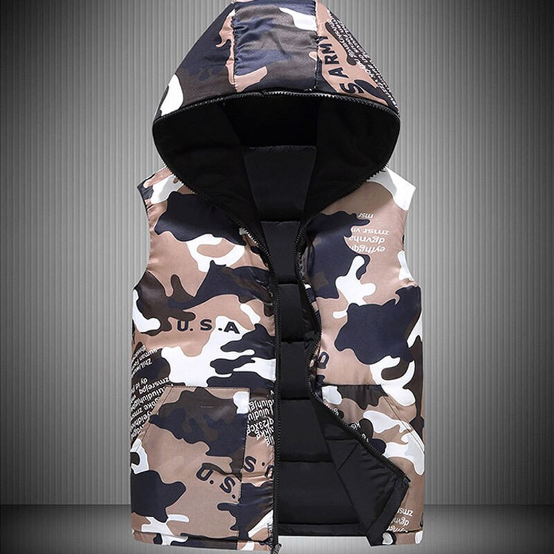 Ανδρικό γιλέκο με κουκούλα 2021 Φθινόπωρο, χειμερινό πουπουλένιο μπουφάν φορεμένο και στις δύο πλευρές φουσκωτό γιλέκο καμουφλάζ Αμάνικο γιλέκο