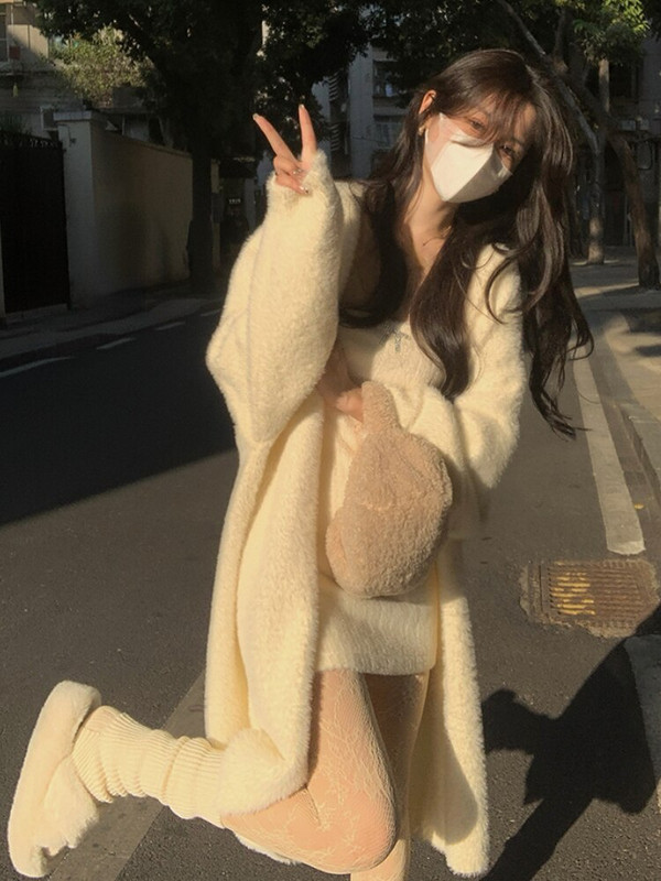 Zima 2022. Elegantni pleteni dugi kaputi u čistoj boji Ženski ležerni džemper od umjetnog krzna Uredska dama Y2k Odjeća Korejska moda