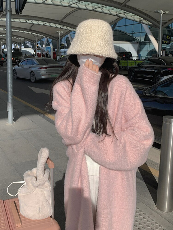 Zima 2022. Elegantni pleteni dugi kaputi u čistoj boji Ženski ležerni džemper od umjetnog krzna Uredska dama Y2k Odjeća Korejska moda