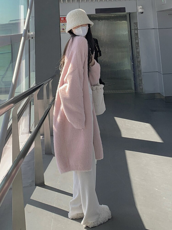 Zima 2022. Elegantni pleteni dugi kaputi u čistoj boji Ženski ležerni džemper od umjetnog krzna Uredska dama Y2k Odjeća Korejska moda