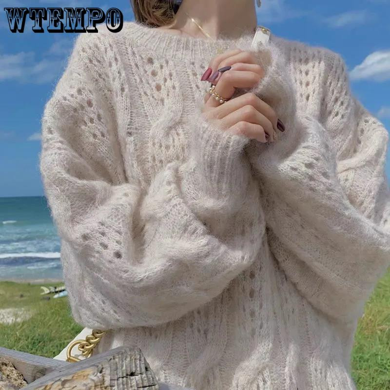 Ροζ κούφιο πουλόβερ πουλόβερ Γυναικεία ανοιξιάτικα εξωτερικά ρούχα Φαρδιά χαλαρά τεμπέλικο στυλ Γλυκό λεπτό πλεκτό πουλόβερ φθινόπωρο 2022