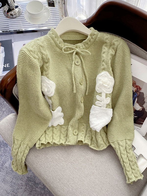 Circyy skraćeni pulover Ženski pleteni kardigan pulover s mašnom Cvjetna modna patchwork odjeća Ležerna nova slatka i slatka jednoredno kopčanje