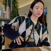 Sieviešu vintage biezs Argyle trikotāžas džemperis Korejas stila 2022. gada sieviešu rudens ziemas virsdrēbes ar vienrindām