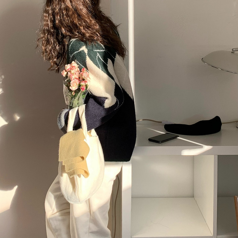 Sieviešu vintage biezs Argyle trikotāžas džemperis Korejas stila 2022. gada sieviešu rudens ziemas virsdrēbes ar vienrindām