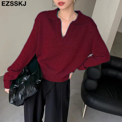 2021. gada kašmira rudens ziemas polo Džemperis Pulovers sieviešu ar garām piedurknēm oversize v-veida kakla izgriezums Kakla elegants džemperis