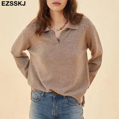 2021. gada kašmira rudens ziemas polo Džemperis Pulovers sieviešu ar garām piedurknēm oversize v-veida kakla izgriezums Kakla elegants džemperis