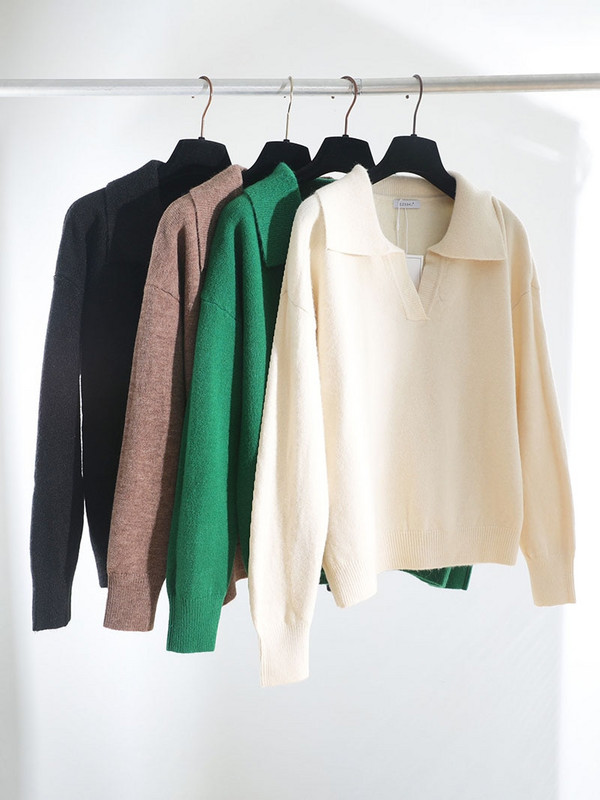 2021. gada kašmira rudens ziemas polo Džemperis Pulovers sieviešu ar garām piedurknēm oversize v-veida kakla izgriezums Kakla elegants džemperis