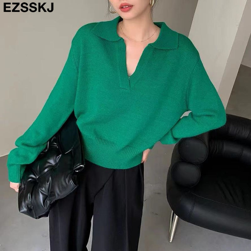 2021. gada kašmira rudens ziemas polo Džemperis Pulovers sieviešu ar garām piedurknēm oversize v-veida kakla izgriezums Kakla elegants džemperis