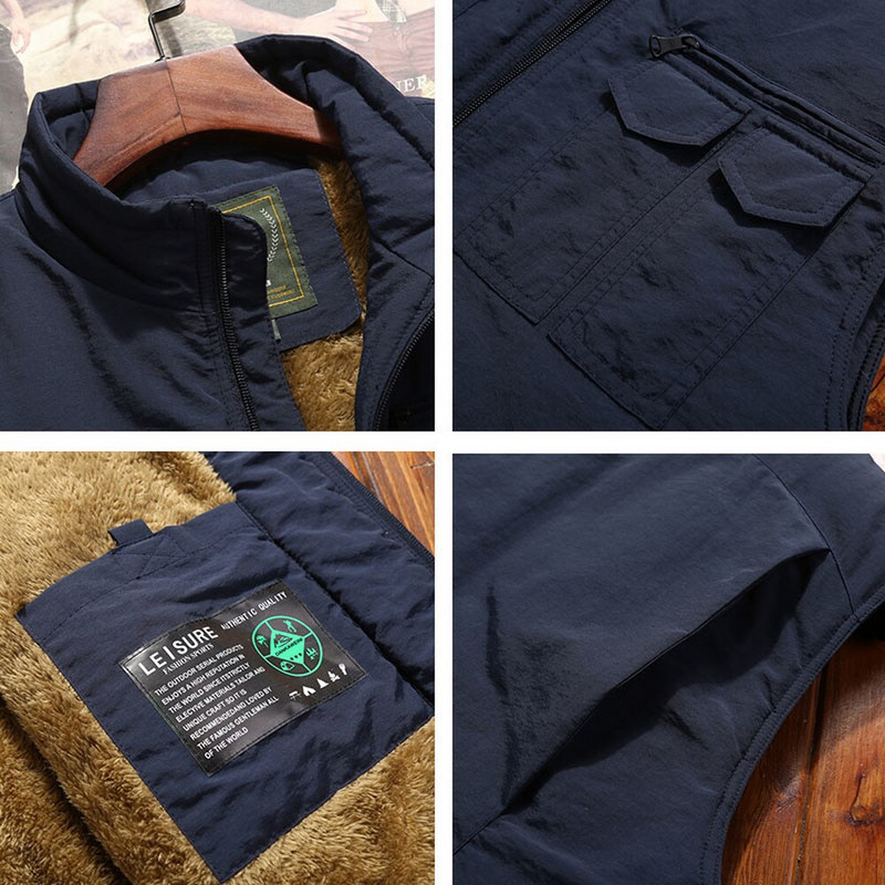 Bieza flīsa ūdensnecaurlaidīga ziemas veste vīriešu vairākām kabatām pavasara rudens veste Fotogrāfs Mandarin Collar Jaka bez piedurknēm