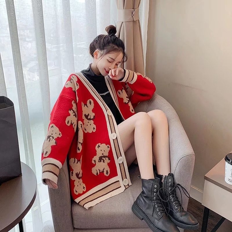 Božićni ženski džemper sa slatkim medvjedom 2021. Novi korejski trend kardigan džemper jakna za proljeće/jesen Ženski pleteni kaput