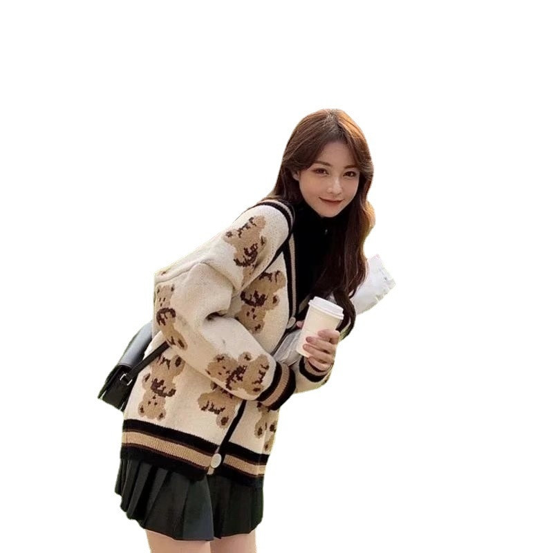 Božićni ženski džemper sa slatkim medvjedom 2021. Novi korejski trend kardigan džemper jakna za proljeće/jesen Ženski pleteni kaput
