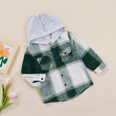 2022 Νέο Φθινόπωρο για αγόρια και κορίτσια με κουκούλα μακρυμάνικη ζακέτα με στήθος Τσέπη στο στήθος Loose check πουκάμισο Μπουφάν 18M-6T