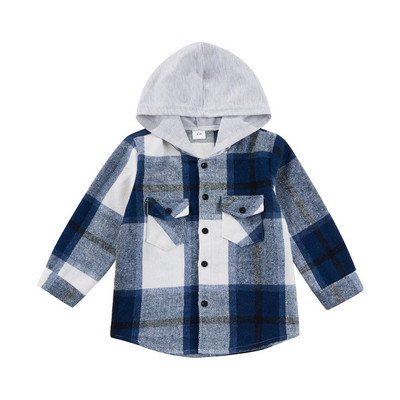 2022 Νέο Φθινόπωρο για αγόρια και κορίτσια με κουκούλα μακρυμάνικη ζακέτα με στήθος Τσέπη στο στήθος Loose check πουκάμισο Μπουφάν 18M-6T