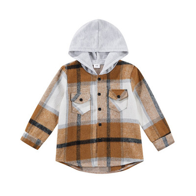 2022 Νέο Φθινόπωρο για αγόρια και κορίτσια με κουκούλα μακρυμάνικη ζακέτα με στήθος Τσέπη στο στήθος Loose check πουκάμισο Μπουφάν 18M-6T
