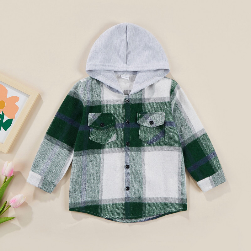 2022 Νέο Φθινόπωρο για αγόρια και κορίτσια με κουκούλα μακρυμάνικη ζακέτα με στήθος Τσέπη στο στήθος Loose check πουκάμισο Μπουφάν 18M-6T