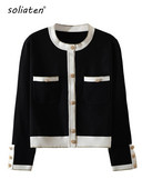 2022. gada rudens ziema Jaunums, trīs krāsu brīvs O veida kakla adīts jakas mētelis sievietēm ar pogām, garām piedurknēm, ikdienas eleganti topi C-160