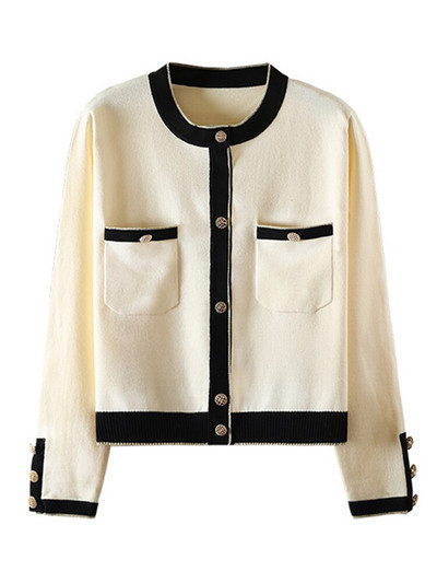 2022. gada rudens ziema Jaunums, trīs krāsu brīvs O veida kakla adīts jakas mētelis sievietēm ar pogām, garām piedurknēm, ikdienas eleganti topi C-160