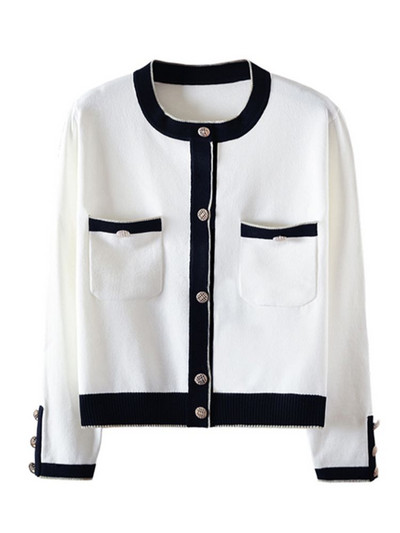 2022. gada rudens ziema Jaunums, trīs krāsu brīvs O veida kakla adīts jakas mētelis sievietēm ar pogām, garām piedurknēm, ikdienas eleganti topi C-160