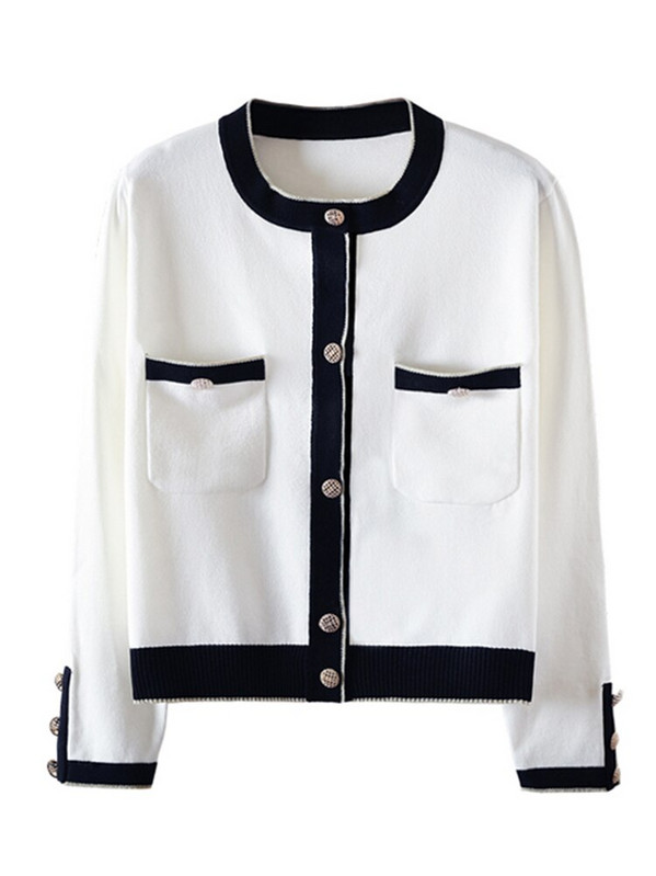 2022. gada rudens ziema Jaunums, trīs krāsu brīvs O veida kakla adīts jakas mētelis sievietēm ar pogām, garām piedurknēm, ikdienas eleganti topi C-160