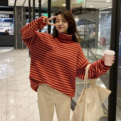 2021. gada sieviešu korejiešu svītrains, silts džemperis ar bruņurupuču apkakli, ikdienišķs džemperis ar garām piedurknēm, jauna rudens/ziemas universitātes pilsētiņas karstā izpārdošana Bezmaksas piegāde