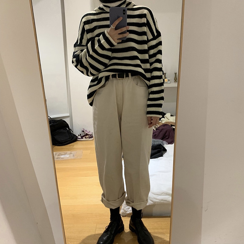 2021. gada sieviešu korejiešu svītrains, silts džemperis ar bruņurupuču apkakli, ikdienišķs džemperis ar garām piedurknēm, jauna rudens/ziemas universitātes pilsētiņas karstā izpārdošana Bezmaksas piegāde