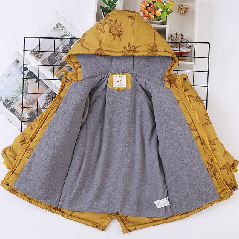 Jesen Zima Jakna za dječake Dinosaurus iz crtića s kapuljačom i topla gornja odjeća od baršuna za dječake 4-14 godina Dječja tinejdžerska parka