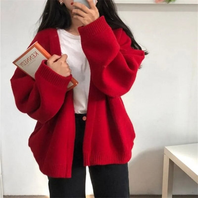 Sieviešu korejiešu stila rudens jaciņš, dzeltens, vienkrāsains trikotāžas džemperis, vienkāršs, populārs, elegants ikdienišķs Ulzzang brīvs studentu virsdrēbes