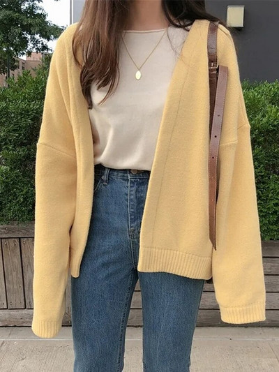 Sieviešu korejiešu stila rudens jaciņš, dzeltens, vienkrāsains trikotāžas džemperis, vienkāršs, populārs, elegants ikdienišķs Ulzzang brīvs studentu virsdrēbes